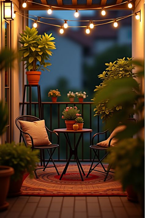 Elegant apartment balcony with outdoor rug and mood lighting Apartment Balcony Lights, Affordable Apartment Decor, Apartment Decor Ideas, Plush Rugs, Lush Plants, Apartment Decorating Ideas, Balcony Lighting, India Home Decor, Affordable Apartments