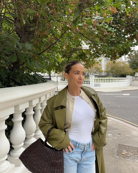 sophia tuxford (@sophiatuxford) | Instagram profile Sophia And Cinzia, Sophia Tuxford, Olive Green Coat, Last Friday Night, Long Leather Coat, Faux Leather Coat, Skin Glowing, Aesthetic Fits, Grown Women