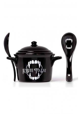 Alchemy Gothic A Bite To Eat Bowl & Spoon Set | Attitude Clothing Goth Kitchen, Goth Houses, Alchemy Gothic, Black Bowl, Dark Home Decor, Goth Home, Goth Home Decor, Dark Home, Spooky Decor