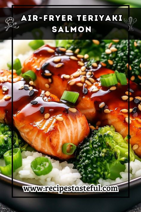 This quick and nutritious Air-Fryer Teriyaki Salmon and Broccoli Bowl is perfect for a weeknight dinner. With tender salmon fillets, crisp-tender broccoli, and vibrant vegetables served over warm rice, it's a flavorful meal that the whole family will love. Broccoli And Salmon, Broccoli Bowls, Broccoli Bowl, Salmon Bowls, Veggie Bowls, Salmon And Broccoli, Teriyaki Bowl, Salmon Bowl, Teriyaki Salmon