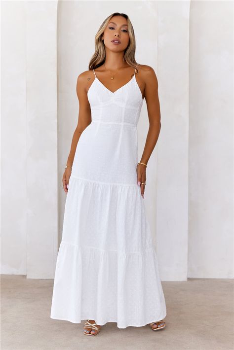 Length from bust to hem of size S: 125cm. 
 Chest: 35cm, Waist: 30cm, across front only of size S. 
 Maxi dress. 
 Lined. 
 Model is a standard XS and is wearing size XS. 
 True to size. 
 Non-stretch. 
 Embroidered fabrication. 
 Elastic back. 
 Tie-up back. 
 Slip on. 
 Cold hand wash only. 
 Main: Cotton Lining: Polyester/Spandex. 
 
 
 
 
 
 
 
 
 Please Note: This product is a Exclusive.  
 
 
 
 
 
 
 
 
 
 Enter your dreamiest era yet with the It's Warming Up Maxi Dress. Featuring a gorge White Summer Maxi Dress, White Maxi Dress Summer, Front Twist Dress, Cocktail Chic, White Cocktails, Maxi Dress White, White Cocktail, Beachy Waves, Maxi Robes