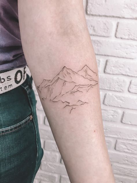 Fine Line Tattoo Ideas Mountain, Fine Line Mountain Tattoo Forearm, Mountains Fine Line Tattoo, Mountain Tattoo Thigh, Mountains Wrap Around Tattoo, Mountain Tattoo On Thigh, Mountain Tattoo Fine Line, Mount Rainier Tattoo, Tattoo On Back Of Arm