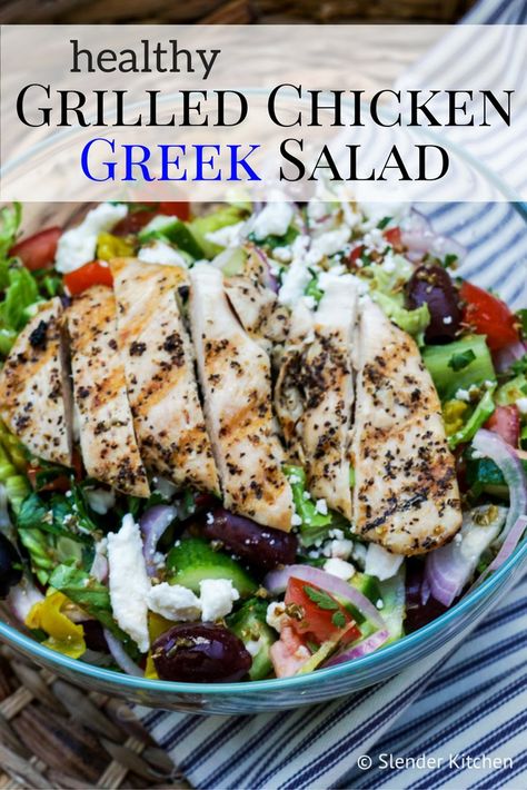 Chicken Greek Salad, Salad Grilled Chicken, Chicken Greek, Healthy Grilled, Grilled Salad, Slender Kitchen, Chicken Chopped Salad, Salad Chicken, Healthy Grilling