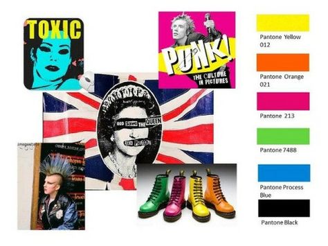 Punk Rock color palette 1970s Trends, Colorful Punk, 1970s Punk, Punk Logo, Neon Colour Palette, Yellow Pantone, Period Color, Punk Culture, Punk Poster