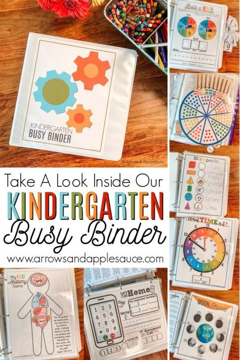 My preschool busy binders were a hit, so we're continuing the fun with a Kindergarten busy binder! The best way to keep our curriculum helpers organized. #busybinder #kindergartenhomeschool #kindergartencurriculum #homeschoolprintables #homeschoolorganization #kindergartenmath #kindergartenscience #learningtoread #sightwordpractice #cvcwords #educationalgames Kindergarten Learning Binder Free Printables, Busy Binder For Kindergarten, Circle Time Binder Free Printable, How To Homeschool Kindergarten, Homeschool Binder Printables Free, Learning Binder Free Printables, Busy Binders For Toddlers, Kindergarten Busy Binders, Kindergarten Homeschool Activities