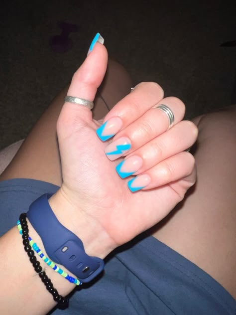 Western Nails Lighting Bolt, Western Lightning Bolt Nails, Western Nails French Tip, French Tip Western Nails, Light Blue Western Nails, Western Nails Blue, Western French Tips, Western Turquoise Nails, Yallternative Nails