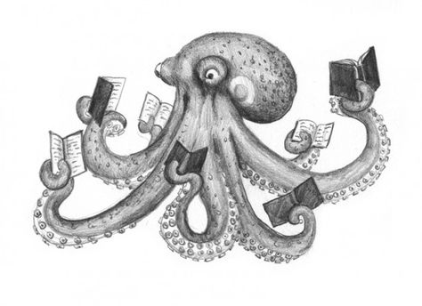 Reading A Book Tattoo, Exlibris Ideas, Octopus Reading, Drawing Octopus, Book Quotes Tattoo, Reading Tattoo, Tea Cup Drawing, Coffee Cup Tattoo, Octopus Drawing