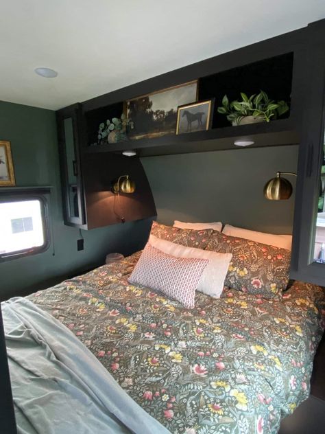 This Interior Designer Turned a Trailer into a Toddler-Safe Home Dark And Moody Rv, Rv Lighting Upgrade, Camper Trailer Decor, Travel Trailer Bedroom Remodel, Moody Rv Interior, Modern Camper Interior, Camper Lighting Ideas, Camper Ceiling Ideas, Jayco Travel Trailer Remodel