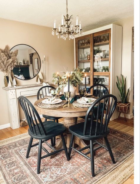 Round Dining Table Set For 4, Transform White Kitchen Cabinets, Dining Room Curio Cabinet Decor, Historic House Decor, Black And Grey Dining Room Decor, Small Ranch Interior, Modern Vintage Dining Table, Neutral Boho Dining Room, Green Black Dining Room