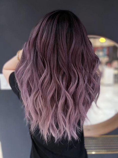 Brown To Lavender Hair, Hair Trends 2023 Color Purple, Smokey Purple Hair Balayage, Brunette Lilac Hair, Chocolate Lilac Hair Color Balayage, Urban Mauve Hair Color, Dusty Violet Hair, Mauve Hair Balayage, Balayage Hair Purple Lavender