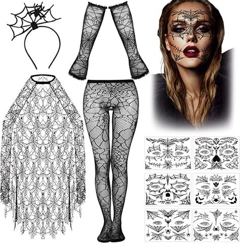 Amazon.com: 10 Packs Halloween Women's Spider Web Costume Including Spider Web Cape Headband Sleeves Stocking Face Tattoos for Party Cosplay : Clothing, Shoes & Jewelry Spider Web Tights, Spider Web Costume, Web Face, Spider Face, Fall Makeup Trend, Spider Costume, Halloween Party Dress, Lace Poncho, Face Tattoos