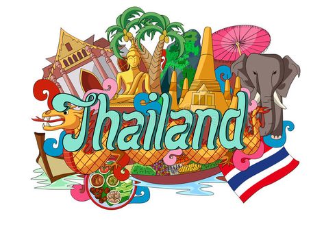 Doodle showing Architecture and Culture of Thailand royalty free illustration Travel Brochure Design, Buddha Elephant, Culture Of Thailand, Thailand Art, Thailand Holiday, Desain Editorial, Thai Art, Free Illustrations, Doodle Art