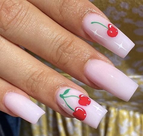 Acrylic Cherry Nails, White Nails With Strawberries, Cherries Nails Designs, Cherry Nail Designs Summer, Acrylic Nails Cherries, Easy Cherry Nails, Cherry Stiletto Nails, Acrylic Nails With Cherries, Cherry Nail Art Design