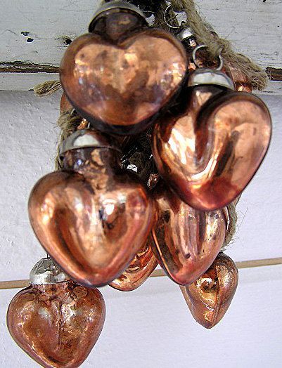 copper hearts Glass Garland, Copper Christmas, Ornament Garland, Copper Decor, Bright Copper, Copper Kettle, Ornaments Vintage, Copper Heart, I Love Heart