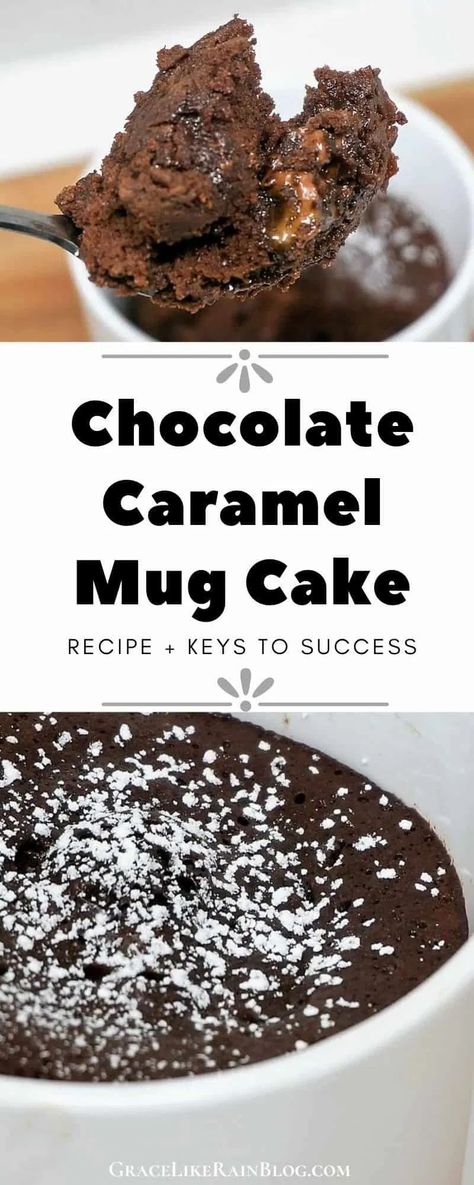 Chocolate Caramel Mug Cake is a super quick and easy dessert that is cooked in a mug right in the microwave. It combines a rich chocolate cake with melted caramels for a delicious twist. How can you beat a 5-minute chocolate cake in a cup? Chocolate Cake In A Cup, Caramel Mug Cake, Microwave Chocolate Cakes, Cake In A Cup, Mini Recipes, Microwave Mug Recipes, Microwave Cake, Oreo Fudge, Mug Cake Microwave