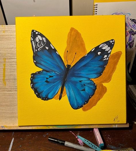 Blue Butterfly Canvas Painting, Butterfly Drawing On Canvas, Butterfly Painting For Kids, Canvas Painting Butterfly, Acrylic Butterfly Painting, Butterfly Painting Easy, Paintings Butterfly, Butterfly Painting On Canvas, Butterfly Canvas Painting