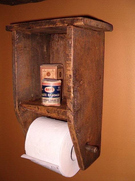 toilet paper holder with display shelf Primitive Bathrooms Decorating, Primitive Shelves, Rustic Toilet Paper Holders, Primitive Bathroom, Rustic Toilets, Primitive Bathrooms, Diy Holder, Primitive Decorating Country, Needful Things