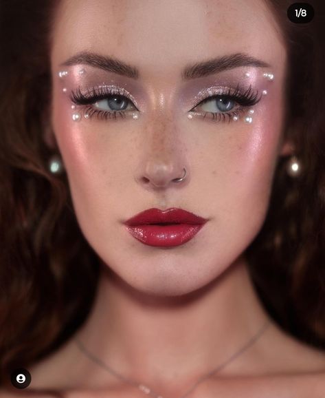 Editorial Wedding Makeup, Disco Makeup Ideas, Alternative Wedding Makeup, Disco Ball Makeup, Bold Wedding Makeup, Ethereal Wedding Makeup, Burnished Winter, Chrome Makeup, Gem Makeup