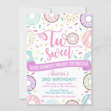 Graduation Party Purple, Two Sweet Party, Donut Invitation, Birthday Donuts, Donut Birthday Parties, Donut Birthday, Sweet Party, Pool Party Invitations, 2nd Birthday Invitations