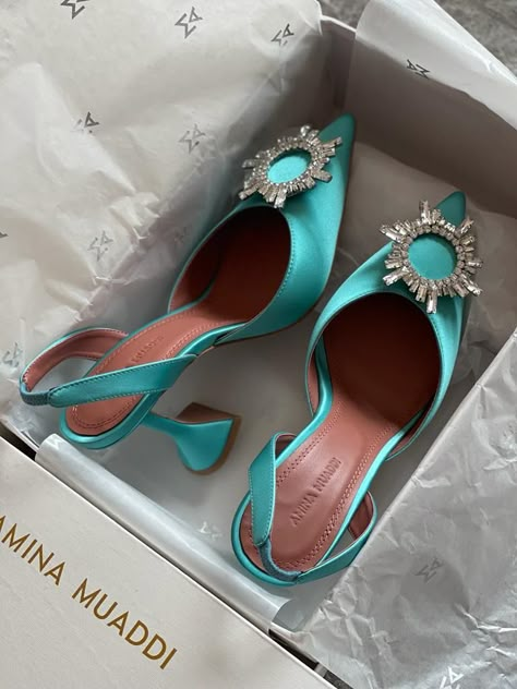 Turquoise High Heels, High Heels Black, Dr Shoes, Shoes World, Designer High Heels, Fancy Shoes, Amina Muaddi, Shoes Wedding, Aesthetic Shoes