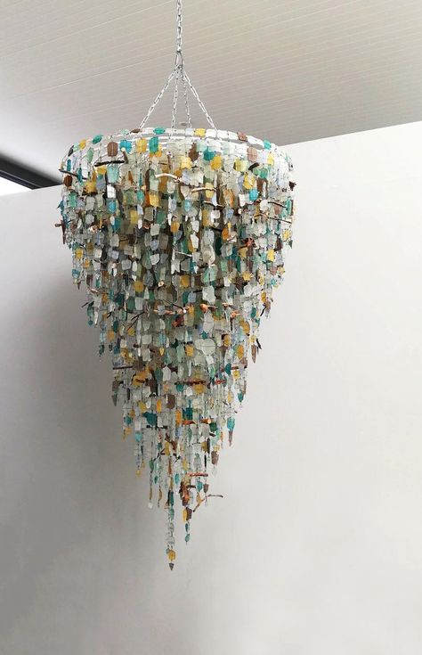 Landshark Art, Sea Shell Chandelier Diy, Chandelier Glass Upcycle, Sea Glass Chandelier, Handmade Shell Chandelier, Sea Glass Hanging Lamp Shade, Glass Fish Chandelier, Glass Light Fixtures, Glass Chandeliers