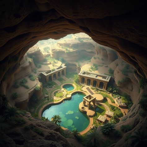 Underground Base Concept Art, City Ruins Concept Art, Eco Brutalism, Underground Kingdom, Desert Ruins, Dm Resources, Ancient Underground City, Desert Dunes, Imagination Station