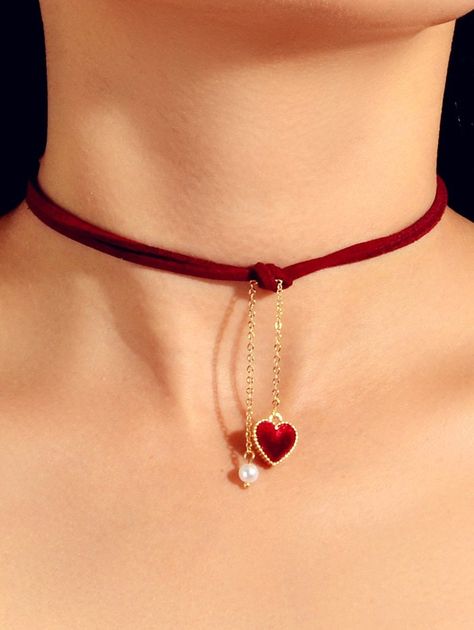 Heart Faux Pearl Rope Pendant Choker Necklace Kalung Choker, Pearl Rope, Buckle Necklace, Charm Choker Necklace, Cheap Necklaces, Opal Pendant Necklace, Heart Choker, Velvet Choker, Necklace Red