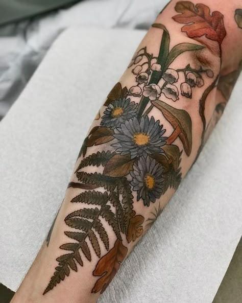 Nature Quarter Sleeve Tattoo, Autumnal Tattoo Sleeve, Rose And Fern Tattoo, Nature Forearm Tattoo Women, Fern And Mushroom Tattoo, Fern And Flower Tattoo, Oak Leaf Tattoos, Floral Arm Tattoo, Kraken Tattoo