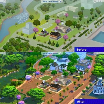 Magnolia Promenade Map Replacement - DOWNLOAD | 20th Century Plumbob on Patreon Sims 4 World Replacement, Sims 4 Cc Map Replacement, Sims Map Replacement, Sims 4 Map Replacements, Sims 4 Newcrest Map Ideas, Sims 4 Magnolia Promenade, Ts4 Map Replacement, Sims 4 Map Override, Map Override Sims 4