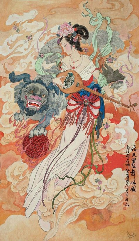 (China) Mythical lady by Hua Sanchuan (1930- 2004). painting on silk. Chinese Illustration, Chinese Art Painting, Geisha Art, Japanese Drawings, Japanese Artwork, Chinese Art Girl, Fairytale Art, China Art, Japanese Painting