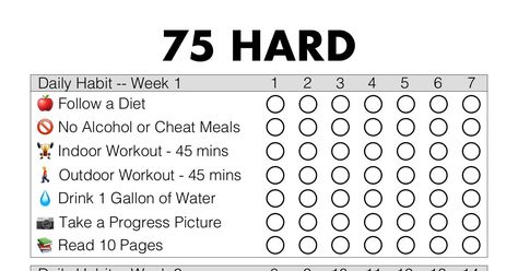 75 HARD Daily Habit -- Week 1 Follow a Diet. 5. 6. 7. 11 12. 13. 14. 20. 21. 1. 2. 3. 4. 8. 9. 10. 15. 16. 17 18. No Alcohol or Cheat Meals Indoor Workout - 45 mins Outdoor Workout - 45 mins Drink 1 Gallon of Water Take a Progress Picture Read 10 Pages Daily Habit -- Week 2 Follow a Diet No Alcohol ... 75 Hard Tracker, 75 Hard, Indoor Workout, Outdoor Workout, Gallon Of Water, Cheat Meal, Progress Pictures, Daily Habits, Week 1