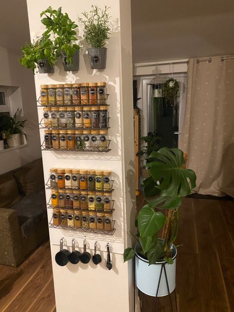 Diy Wall Mounted Spice Rack, Spice Rack Aesthetic, Aesthetic Spice Rack, Counter Spice Rack, Spice Storage Ideas, Inside Cupboard, Spice Rack Ideas, Spice Wall, Rustic Kitchen Storage