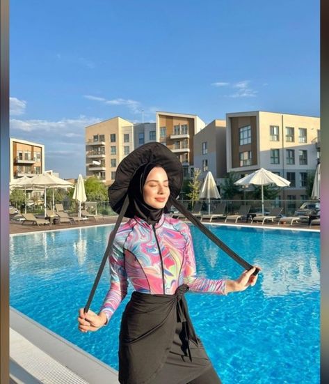 Outfit Renang Hijab, Hijabi Swimwear, Summer Era, Modest Hijabi Outfits, Bali Outfit, Slip Dress Outfit, Maldives Honeymoon, Beach Ootd, Hijabi Outfit