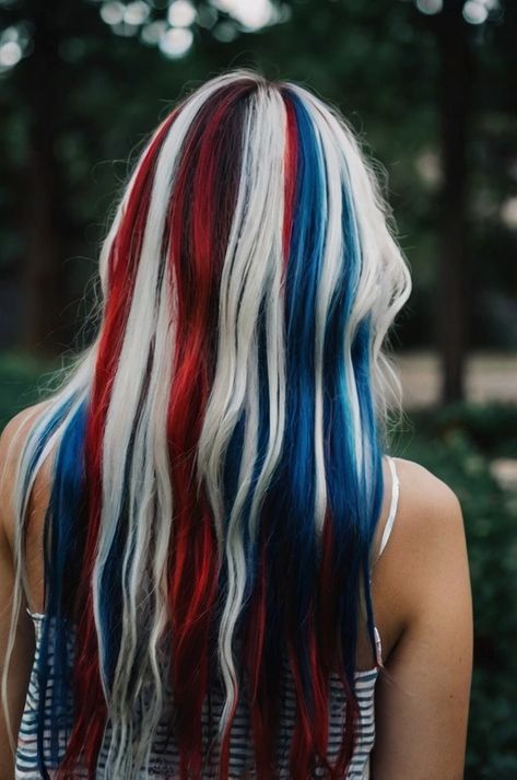 Back view of a girl with long, wavy hair featuring red, white, and blue highlights for a festive 4th of July look. Red White And Blue Hairstyles, Red And Blue Hair Ombre, White Hair With Blue Tips, Red Hair With White Highlights, Red Hair With Blue Highlights, White And Blue Highlights, Red And Blue Highlights, Patriotic Hairstyles, Blue Tips Hair