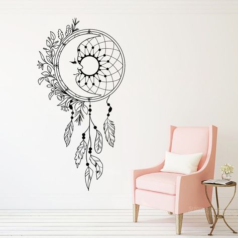 Dream Catcher Wall Painting, Dream Catcher Painting, Dream Catcher Feathers, Baby Room Wall Stickers, Dreamcatcher Feathers, Feather Stickers, Moon Dreamcatcher, Original Wall Decor, Room Wall Painting