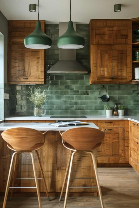 15 Green and Wood Kitchen Design Tips | Green Snooze Green Kitchen Wood Floor, Kitchens With Green Tiles, Mid Century Kitchen Green, Green Tile Kitchen Countertops, Green Tile In Kitchen, Wood Cabinets White Counter Green Backsplash, Forest Green Tiles Kitchen, Walnut And Green, Jade Green Tiles Kitchen