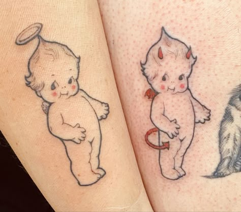 :) Kewpie Angel Tattoo, Kewpie Doll Tattoo, Kewpie Angel, Kewpie Tattoo, Angle Tattoo, Cupie Dolls, Flash Ideas, Doll Tattoo, Devil Tattoo