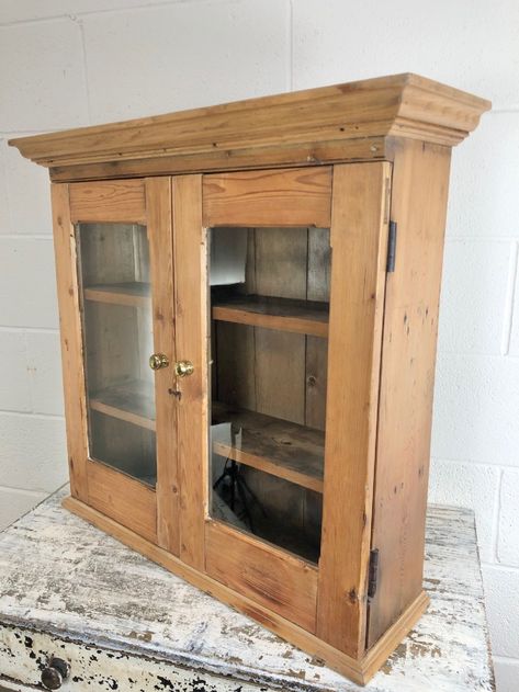 Antique Victorian Pine Glazed Wall Cupboard | 717166 | Sellingantiques.co.uk Rustic Wall Cabinet, Antique Wall Cabinet, Antique Kitchen Cabinets, Wooden Display Cabinets, Kitchen Cabinet Shelves, Glass Cupboard, Wall Cupboards, Wood Things, Wall Cupboard