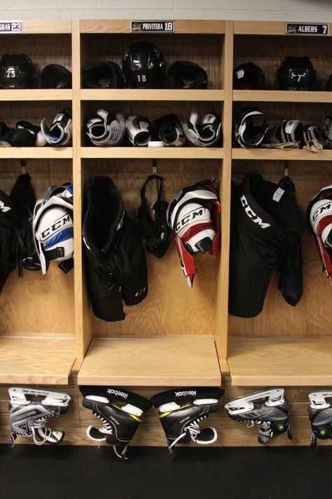 Equipment in the Lumberjacks locker room Hockey Gear Storage, Hockey Equipment Drying Rack, Hockey Equipment Storage, Hockey Drying Rack, Hockey Organization, Basement Storage Organization, Sports Locker, Hockey Girlfriend, Gear Room