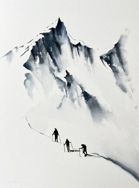 живопись акварелью watercolor art Mountain Scape Watercolor, Alaska Watercolor Painting, Snow Mountain Watercolor, Watercolor Art Advanced, Black Watercolor Painting, Monochrome Painting Watercolor, Mountains Painting Watercolor, Watercolor Art Mountains, Beginners Watercolour