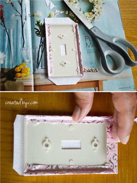 diy decorative switch plates outlet covers, crafts, decoupage Diy Outlet Covers, Craft Room Lighting, Board Decoration Ideas, Light Switch Covers Diy, Bathroom Lighting Diy, Tile Mirror, Decorative Switch Plate, Switch Board, Decoupage Diy