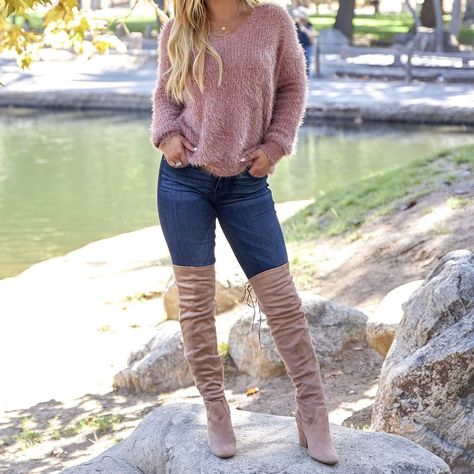 These Trending Drawstring Boots Are Made With A Faux Suede Upper, Almond Toe Front, And Stitch Accents. Also Made With A Single Sole, Chunky Heel, And Side Zip For Easy Slip On And Off. Take Style To New Heights With Faux Suede And A Sky-High Over-The-Knee Silhouette That Makes The Perfect Boot. Almond Toe Pull-On Block Heel Heel: 3.5", Shaft (W/ Heel): 25.5", Opening: 15" True To Size Brand New With Box Sole / Padding: Treaded Non-Skid Sole / Cushioned Foot Bed With Padded Insole Color: Taupe Business Casual With Knee High Boots, Taupe Boots Outfit Knee Highs, Taupe Knee High Boots Outfit, Boot Outfit Women, Taupe Boots Outfit, Slouchy Boots Outfit, Brown Slouchy Boots, Taupe Knee High Boots, Suede Boots Outfit