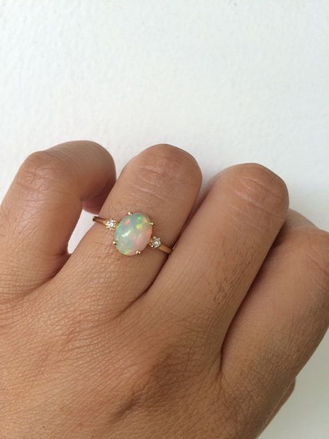 SO BEAUTIFUL!!!! Opal Jewelry Ring, Past Present Future Ring, Diamond Ring Unique, October Birthstone Ring, Oval Setting, Opal Diamond Ring, Natural Opal Ring, Opal Birthstone, October Birthstone Rings