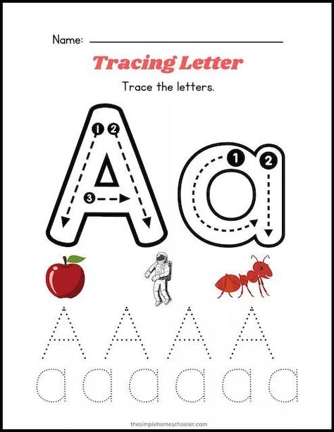 Free Letter A Tracing Worksheets: Easy Print! - The Simple Homeschooler A Letter Tracing, Letter A Tracing Worksheet, A Tracing Worksheets, Letter A Worksheet, Tracing Alphabet Letters, Writing Activities For Preschoolers, Tracing Activities, Handwriting Lines, Preschool Tracing