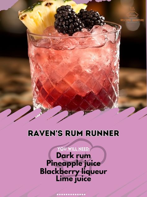 🦜🍹 Soar into Halloween with Raven's Rum Runner – a dark and daring drink that’s perfect for your spooky celebrations! 🎃🕸️ #RavensRumRunner #SpookySips Raven's Rum Runner Ingredients: Dark rum (2 oz) Pineapple juice (1 oz) Blackberry liqueur (0.5 oz) Lime juice (0.5 oz) Ice (as needed) Blackberries (for garnish) Instructions: Shake dark rum, pineapple juice, blackberry liqueur, and lime juice with ice. Strain into a glass. Garnish with blackberries. Fly into Halloween with Raven's Rum Runn... Alcohol Ideas, Rum Runner, 21st Ideas, Mocktail Drinks, Glass Garnish, Bartender Drinks, Specialty Drinks, Whiskey Tasting, Gin Drinks