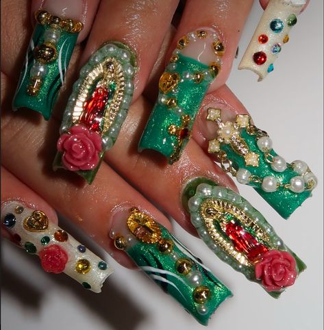 noangelnailz on ig Loteria Nails, Mexican Nail Art Mexico, Ugly Nails Weird, Cholo Nails, Hispanic Nails, Jesus Nails, Ugly Nails, Mexican Nails, Latina Nails