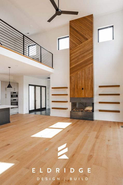 Modern Wood Fireplace Wall, Wood Feature Fireplace Wall, Very Tall Fireplace Wall, Wood Accent Wall Living Room Fireplace, Modern Fireplace With Shelves On Side, Fireplace Tv Wall Modern Interior Design Shiplap, Wood Panel Walls Fireplace, Wood Faced Fireplace, Chevron Wood Fireplace Wall