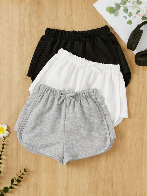 Tween Girl Knit Solid Color Bowknot Decor Casual Shorts 3pcs/Set For Summer Grey Casual    Plain Track Shorts Slight Stretch  Tween Girls Clothing, size features are:Bust: ,Length: ,Sleeve Length: Country Outfits Women, Cute Outfits With Shorts, Tv Clothes, Adrette Outfits, Fitness Wear Outfits, Normal Clothes, Girls Shorts, Track Shorts, Shorts Casual