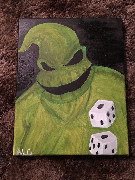 I made this painting for my mom as a birthday gift #painting #nightmarebeforechristmas #oogieboogie #art #green #spooky #dice #disney #character Oogie Boogie Painting Canvas, Oggie Boggie Art, Beetlejuice Painting Canvas, Oogie Boogie Painting, Oogie Boogie Man, Halloween Canvas Art, Gift Painting, Chicano Drawings, Halloween Painting