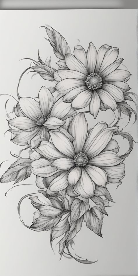 Tooled Tattoo Design, Tattoos With Sunflowers, Sunflowers And Lilies Tattoo, Shaded Sunflower Tattoo, Sunflower And Tiger Lily Tattoo, Big Sunflower Tattoo, Rose And Sunflower Tattoo, Flower Drawing Sketch, Sunflower And Rose Tattoo